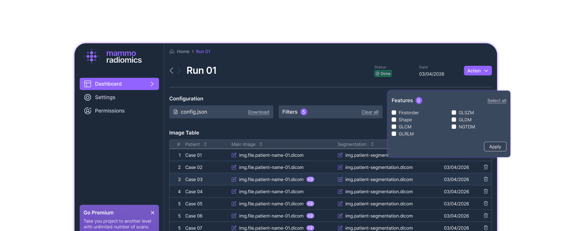 MammoRadiomics application dashboard
